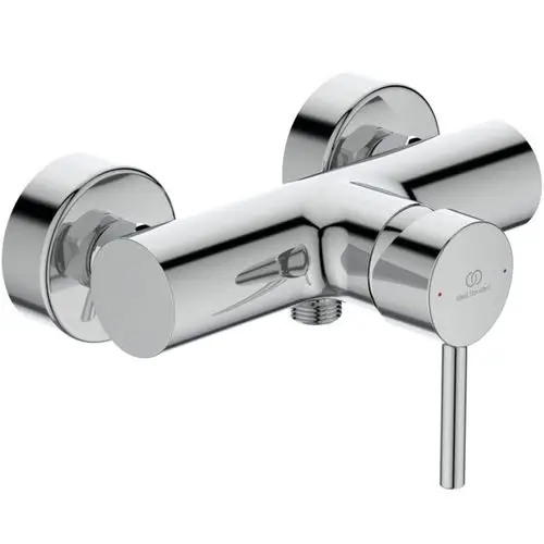Brausearmatur in chromfarbener Ausführung von Ideal Standard, mit zwei seitlichen Anschlüssen und einem mittigen Hebel zur Steuerung von Wasserfluss und Temperatur.